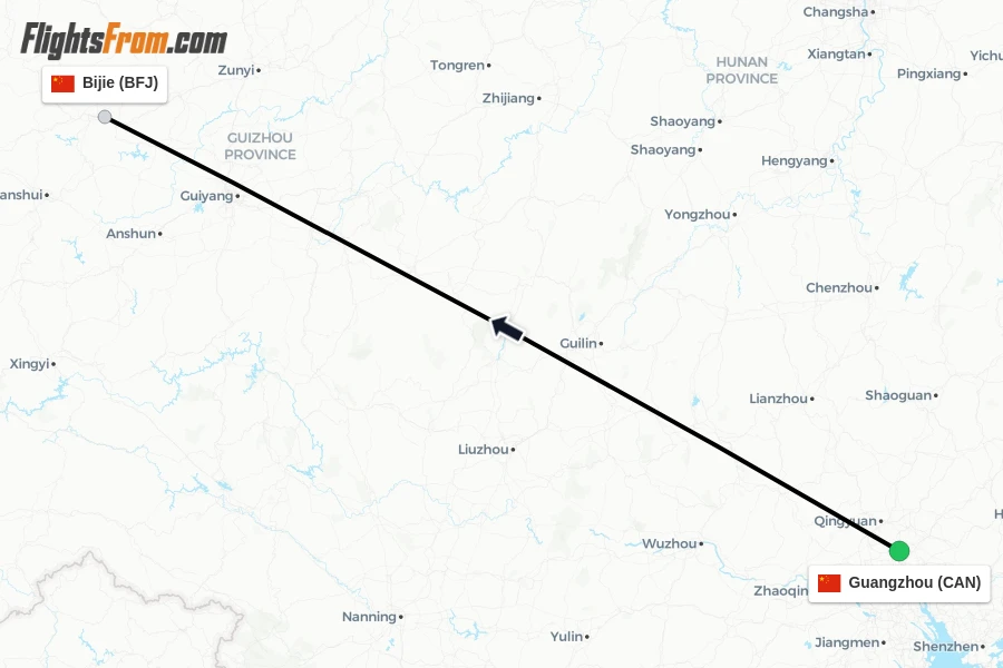 Flights from Guangzhou to Bijie route map