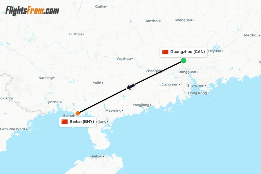 Flights from Guangzhou to Beihai route map