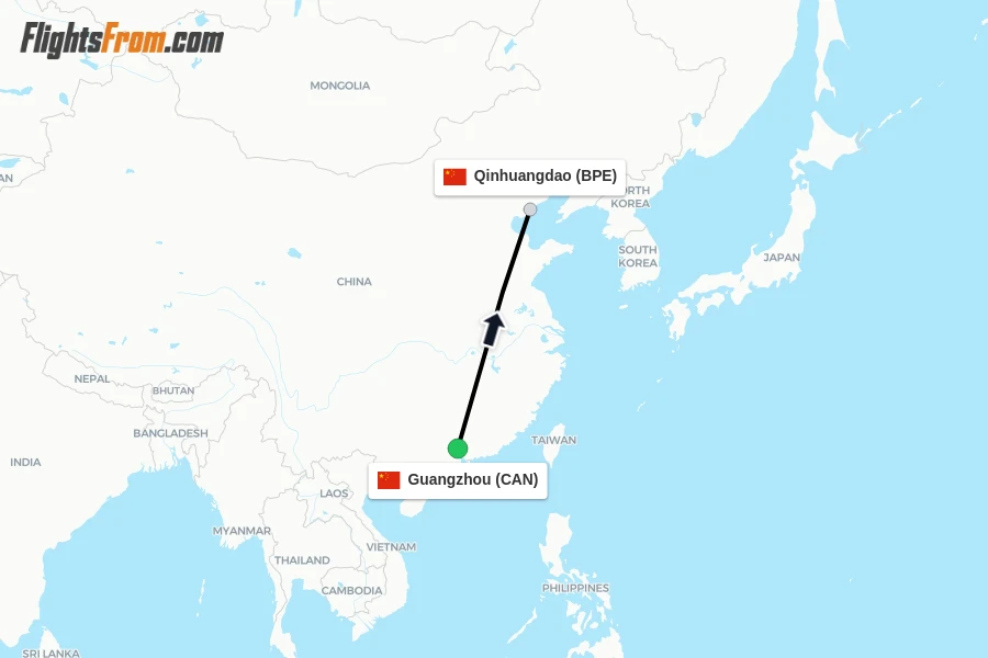 Flights from Guangzhou to Qinhuangdao route map