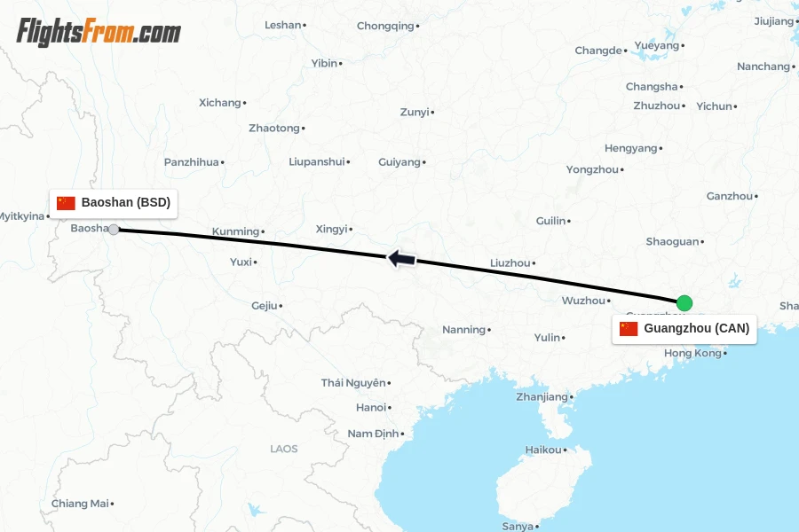 Flights from Guangzhou to Baoshan route map