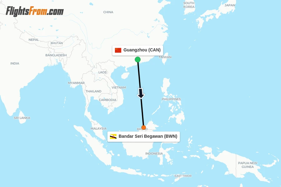 Flights from Guangzhou to Bandar Seri Begawan route map