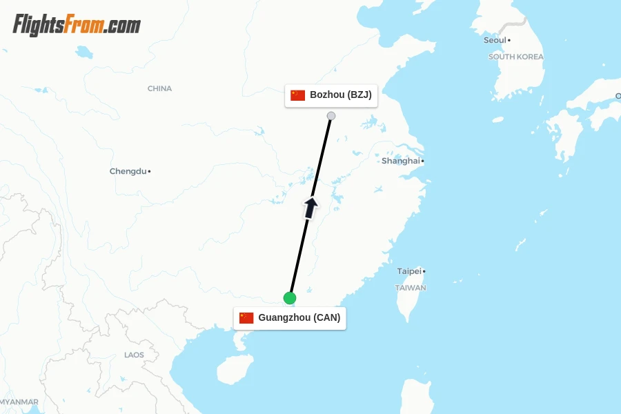 Flights from Guangzhou to Bozhou route map