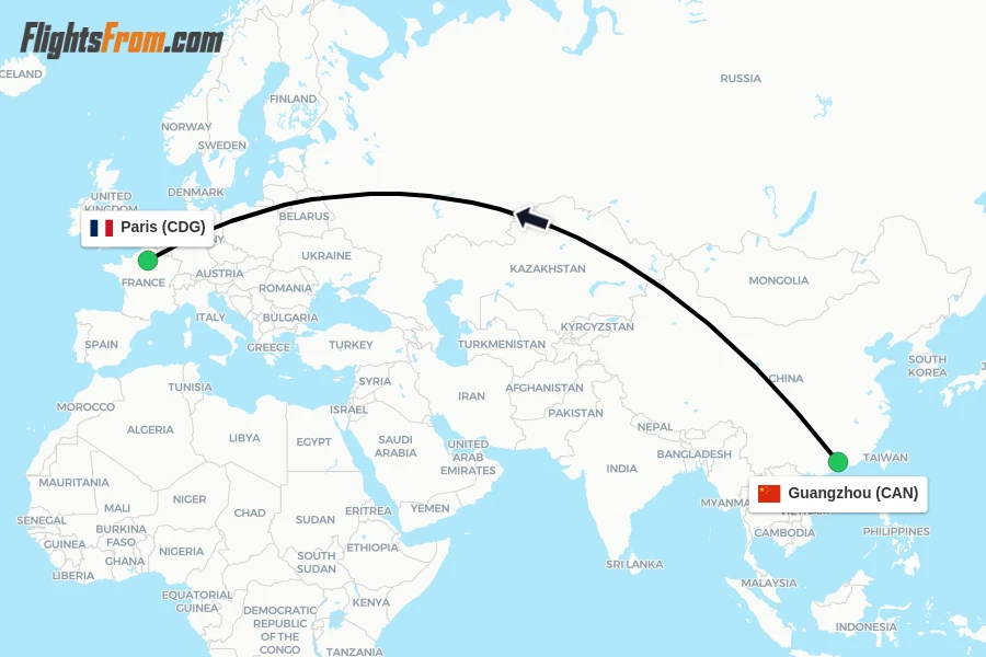 Flights from Guangzhou to Paris route map