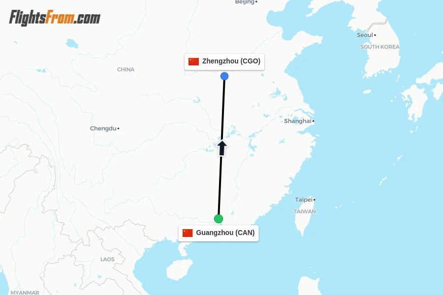 Flights from Guangzhou to Zhengzhou route map