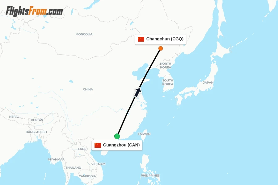 Flights from Guangzhou to Changchun route map