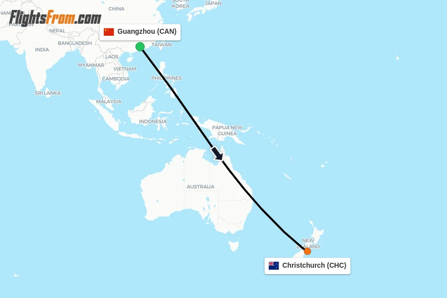 Flights from Guangzhou to Christchurch route map