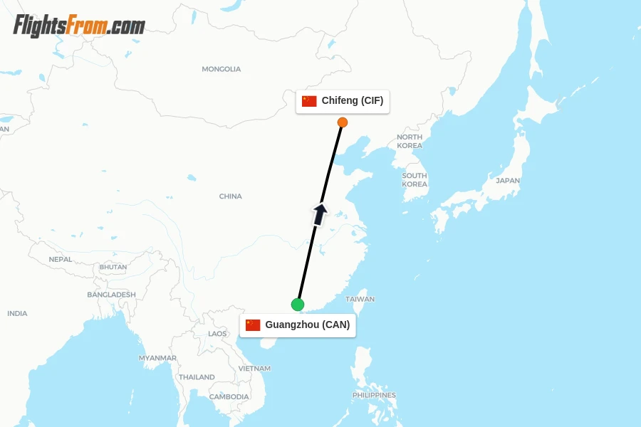 Flights from Guangzhou to Chifeng route map