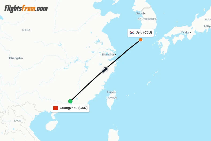 Flights from Guangzhou to Jeju route map