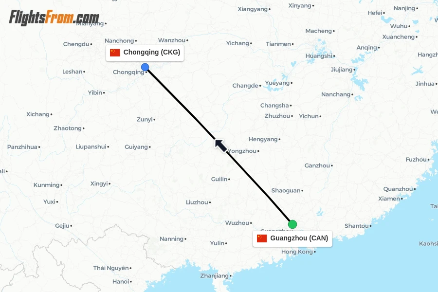 Flights from Guangzhou to Chongqing route map