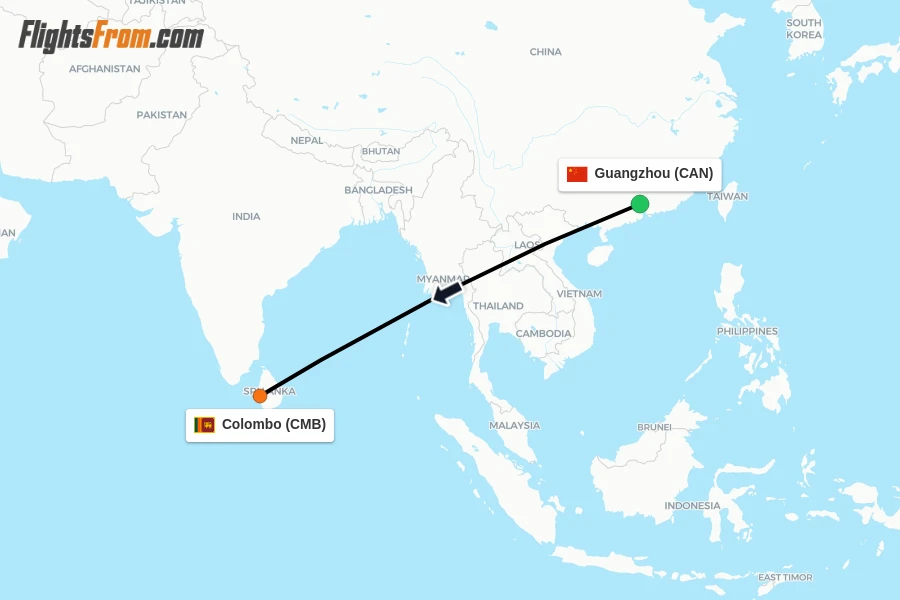 Flights from Guangzhou to Colombo route map