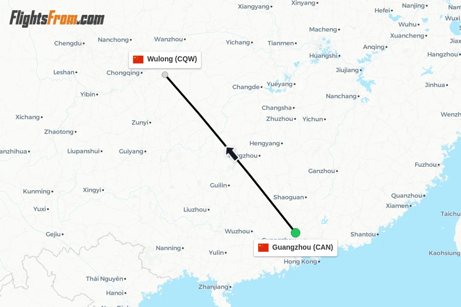 Flights from Guangzhou to Wulong route map