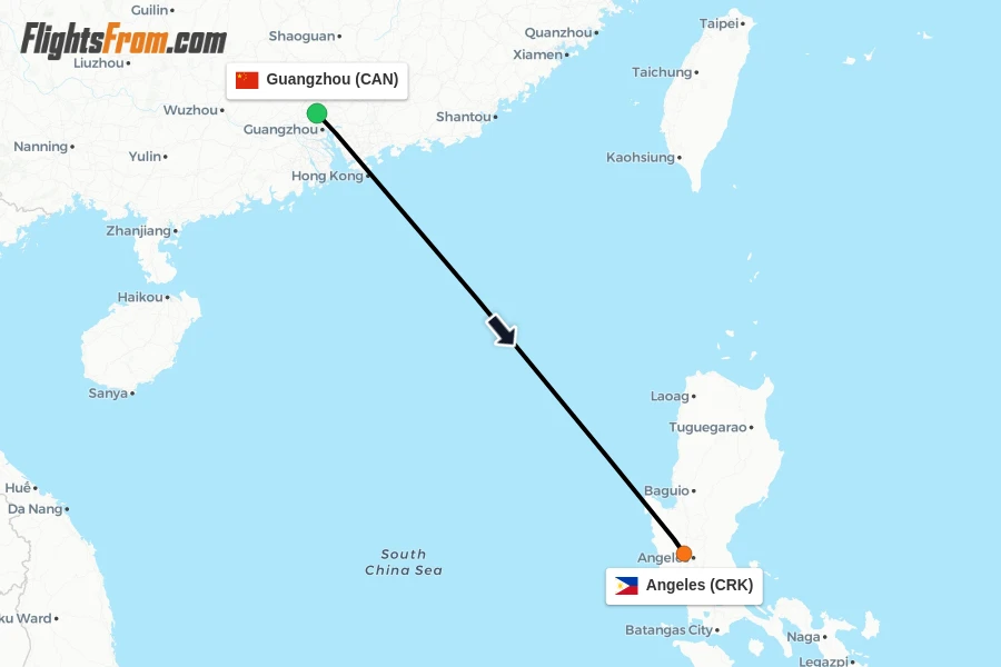 Flights from Guangzhou to Angeles route map