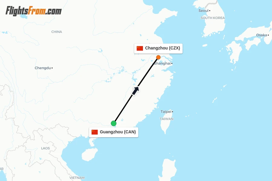 Flights from Guangzhou to Changzhou route map