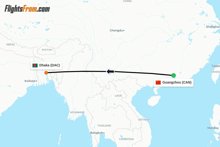 Flights from Guangzhou to Dhaka route map