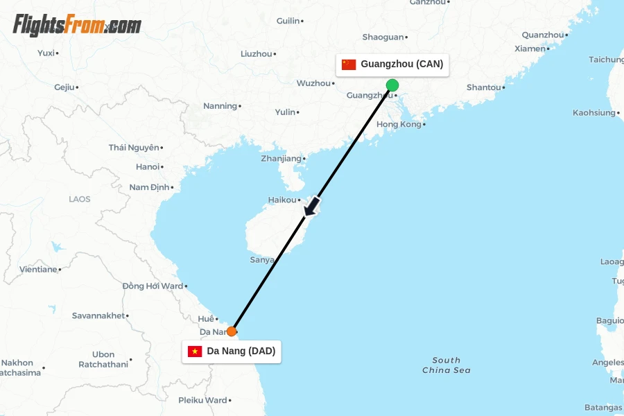 Flights from Guangzhou to Da Nang route map