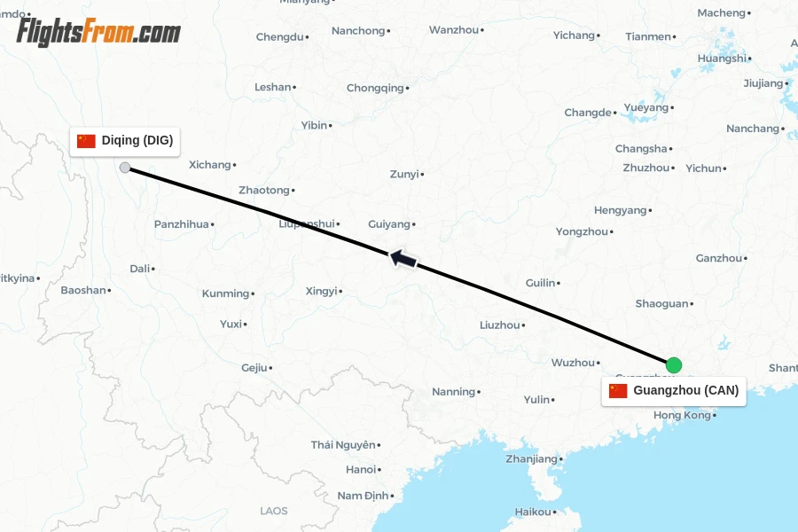 Flights from Guangzhou to Diqing route map