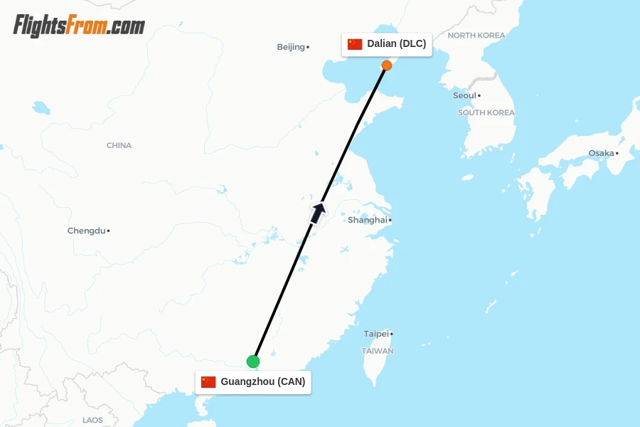 Flights from Guangzhou to Dalian route map