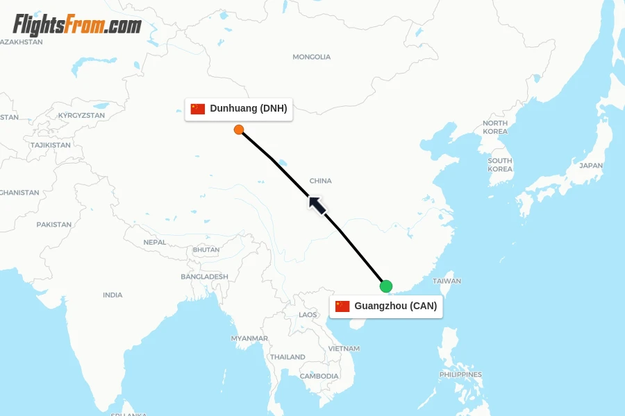 Flights from Guangzhou to Dunhuang route map
