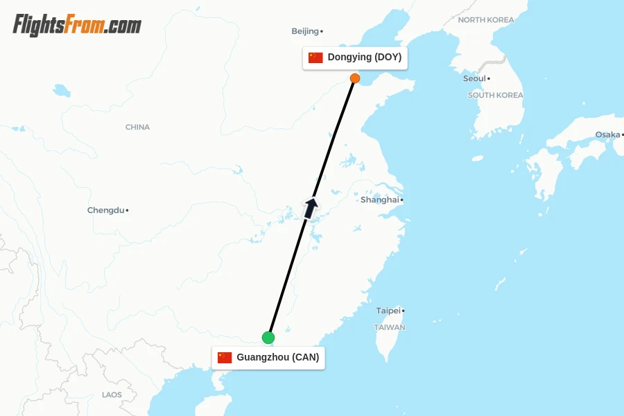 Flights from Guangzhou to Dongying route map