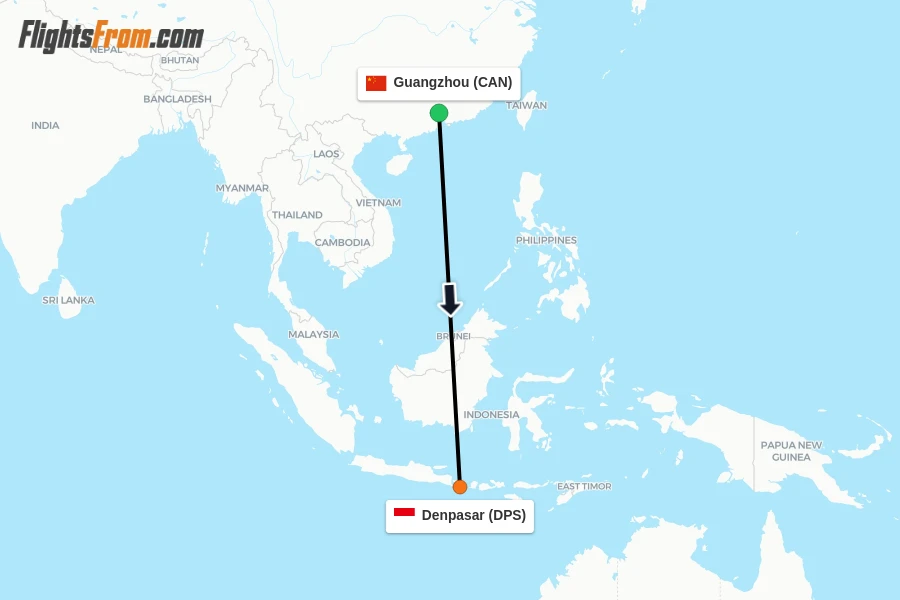 Flights from Guangzhou to Denpasar route map