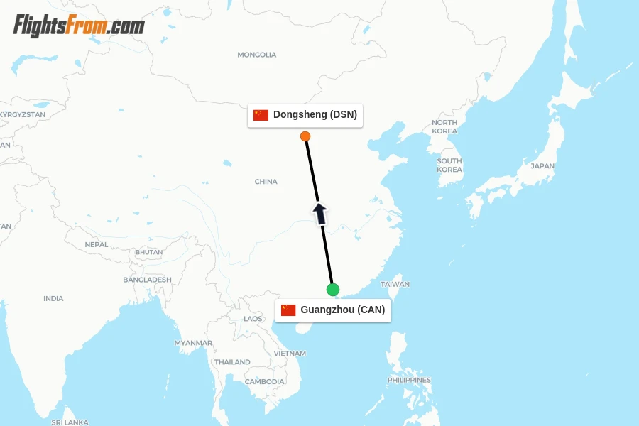 Flights from Guangzhou to Dongsheng route map