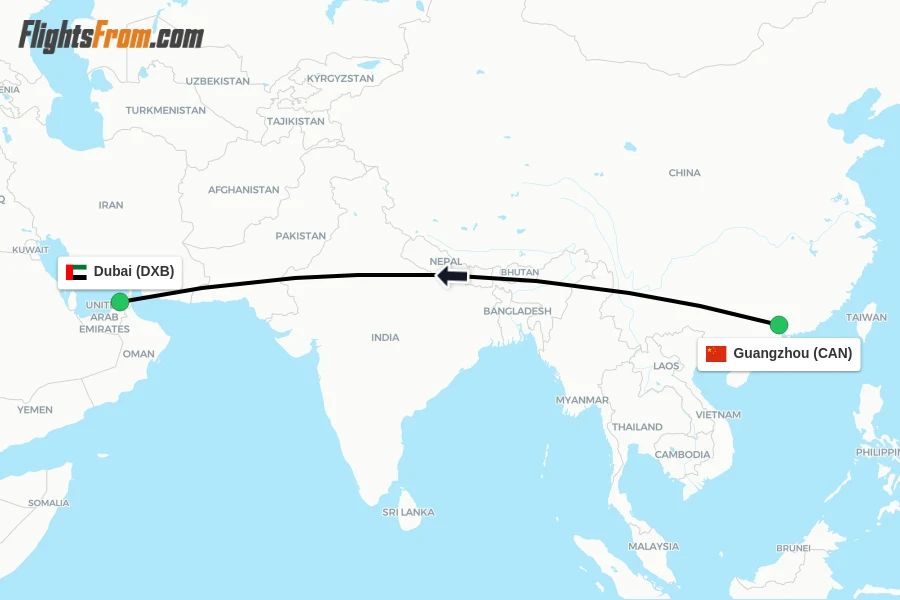Flights from Guangzhou to Dubai route map