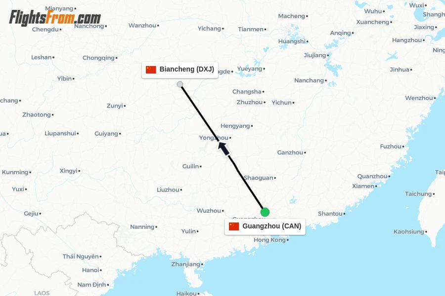 Flights from Guangzhou to Biancheng route map