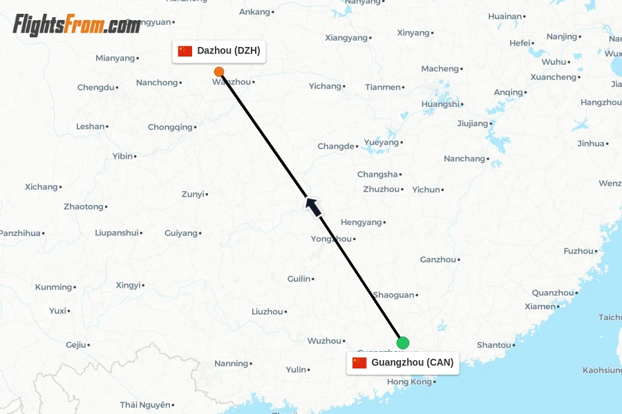 Flights from Guangzhou to Dazhou route map