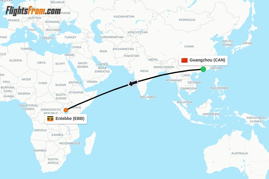 Flights from Guangzhou to Entebbe route map