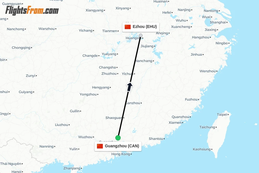 Flights from Guangzhou to Ezhou route map