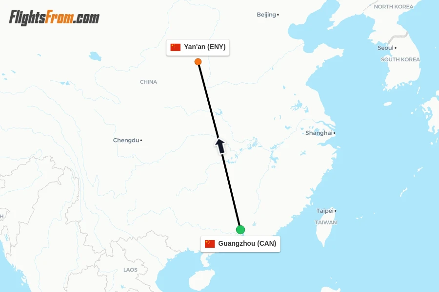 Flights from Guangzhou to Yan'an route map