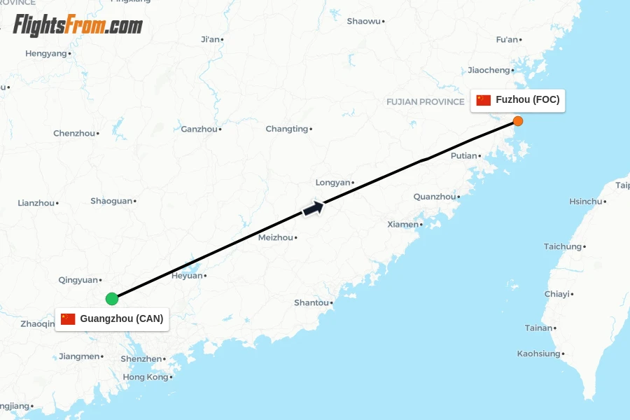 Flights from Guangzhou to Fuzhou route map