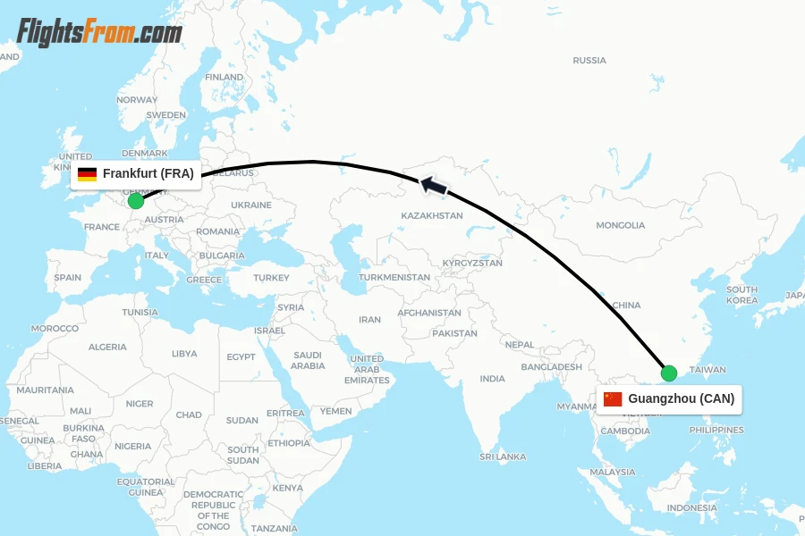 Flights from Guangzhou to Frankfurt route map