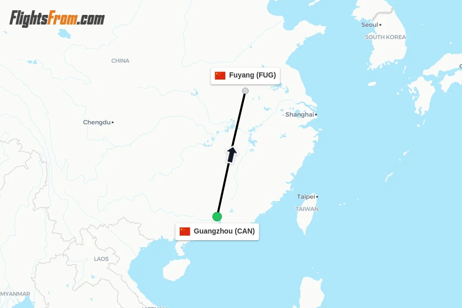 Flights from Guangzhou to Fuyang route map