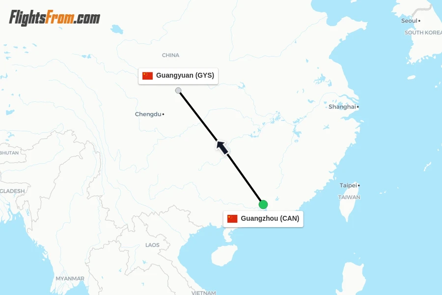 Flights from Guangzhou to Guangyuan route map