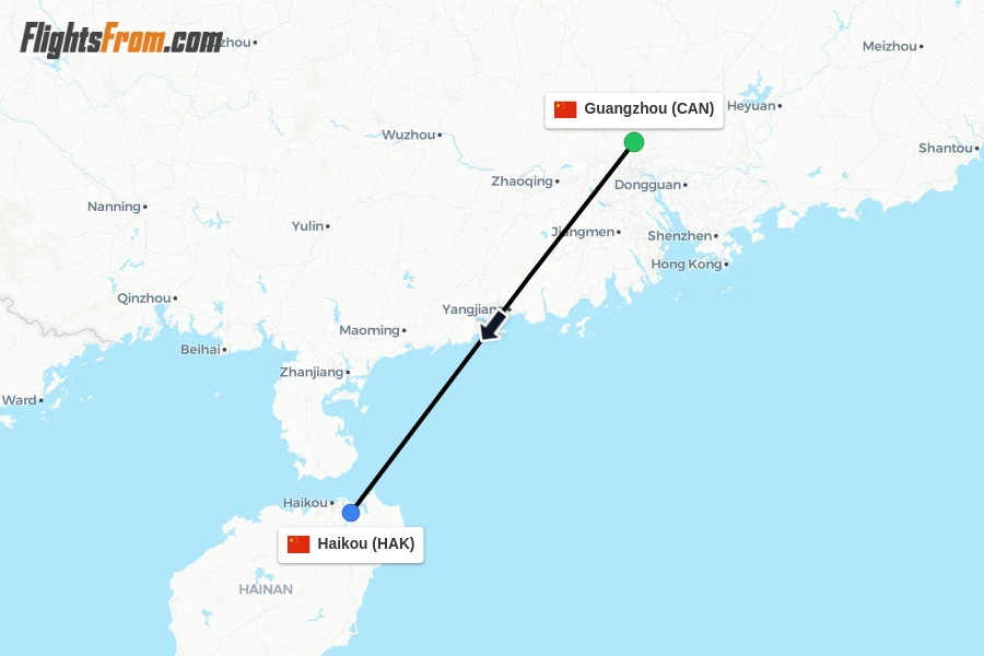 Flights from Guangzhou to Haikou route map