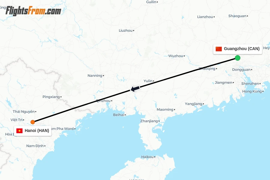Flights from Guangzhou to Hanoi route map