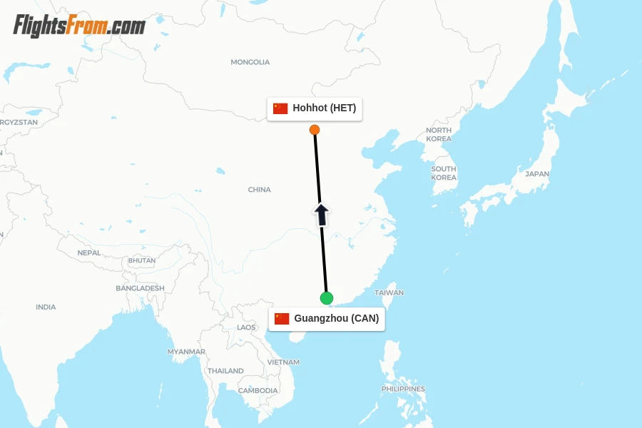 Flights from Guangzhou to Hohhot route map