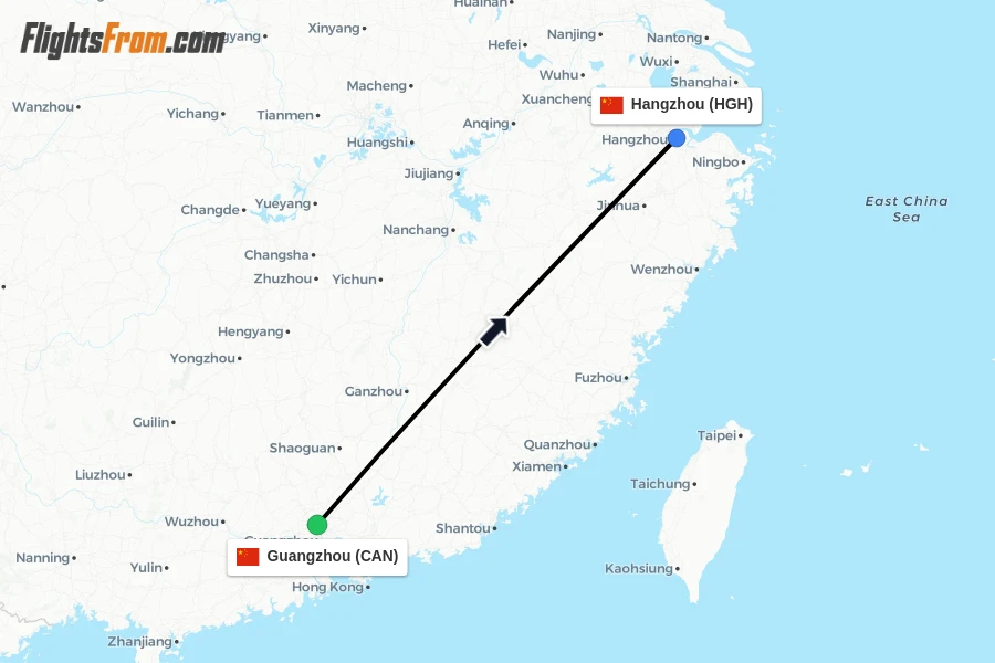 Flights from Guangzhou to Hangzhou route map