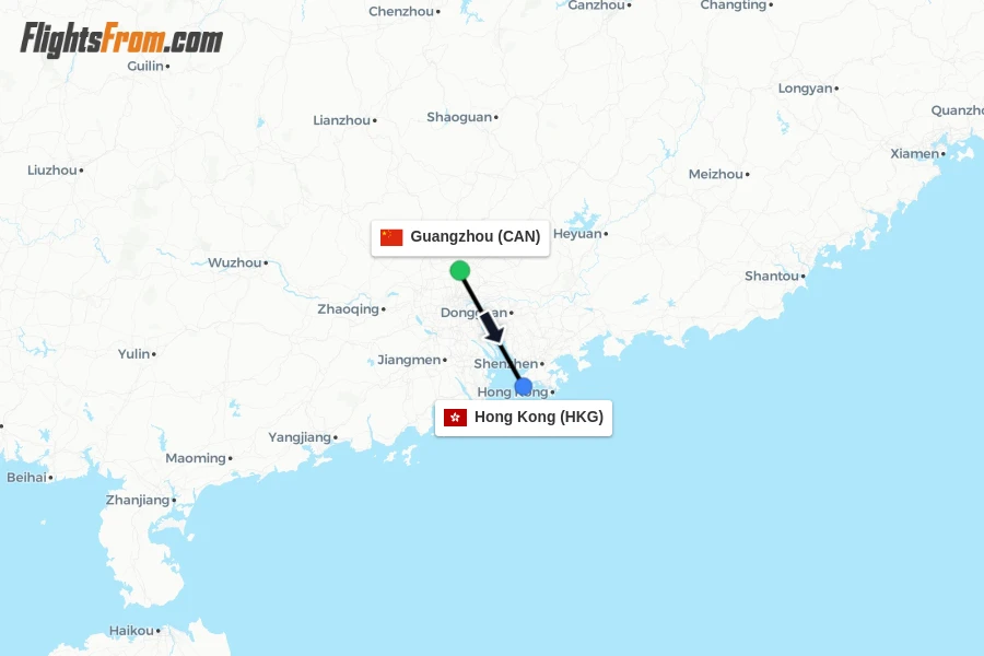 Flights from Guangzhou to Hong Kong route map