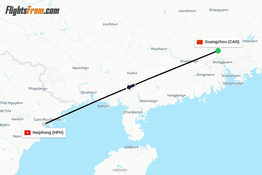 Flights from Guangzhou to Haiphong route map