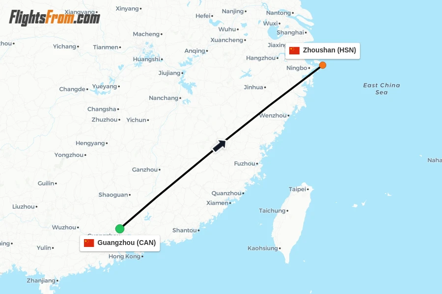 Flights from Guangzhou to Zhoushan route map