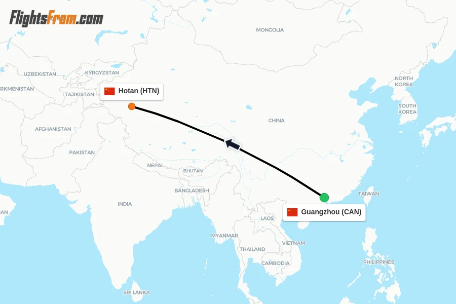 Flights from Guangzhou to Hotan route map