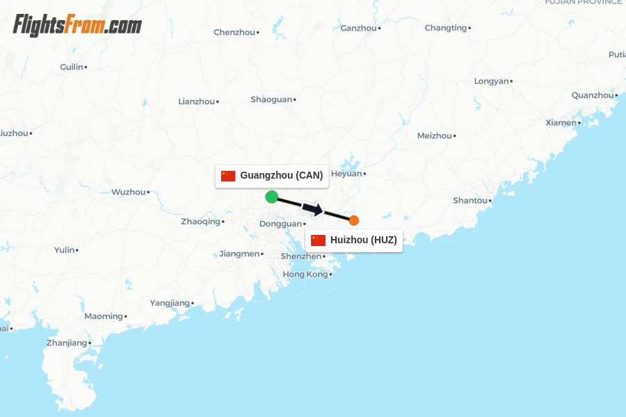 Flights from Guangzhou to Huizhou route map