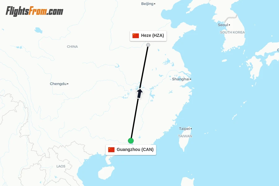 Flights from Guangzhou to Heze route map