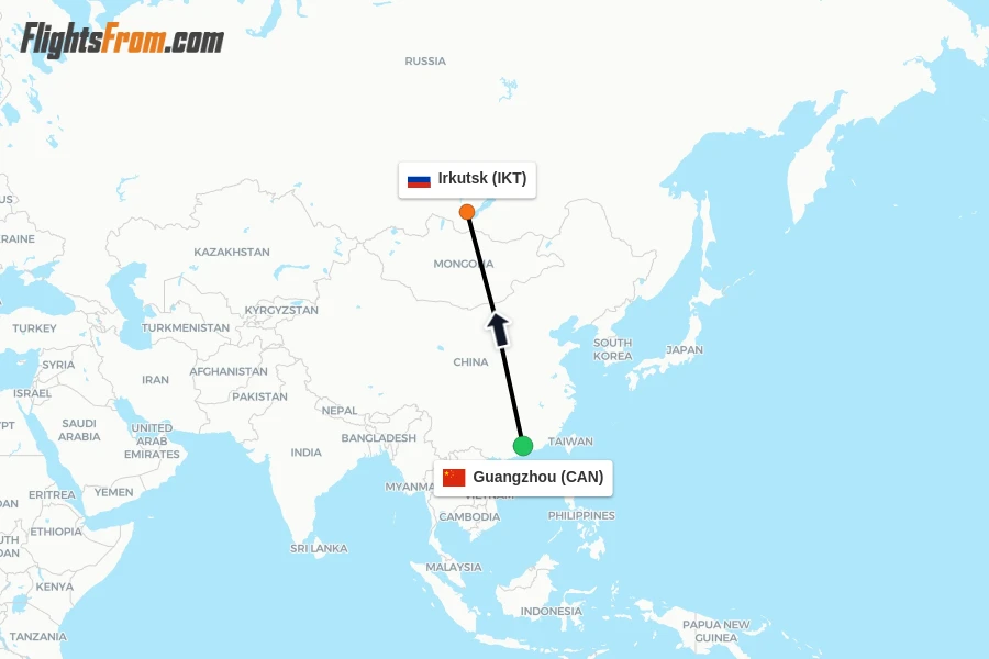 Flights from Guangzhou to Irkutsk route map
