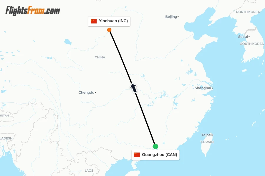 Flights from Guangzhou to Yinchuan route map