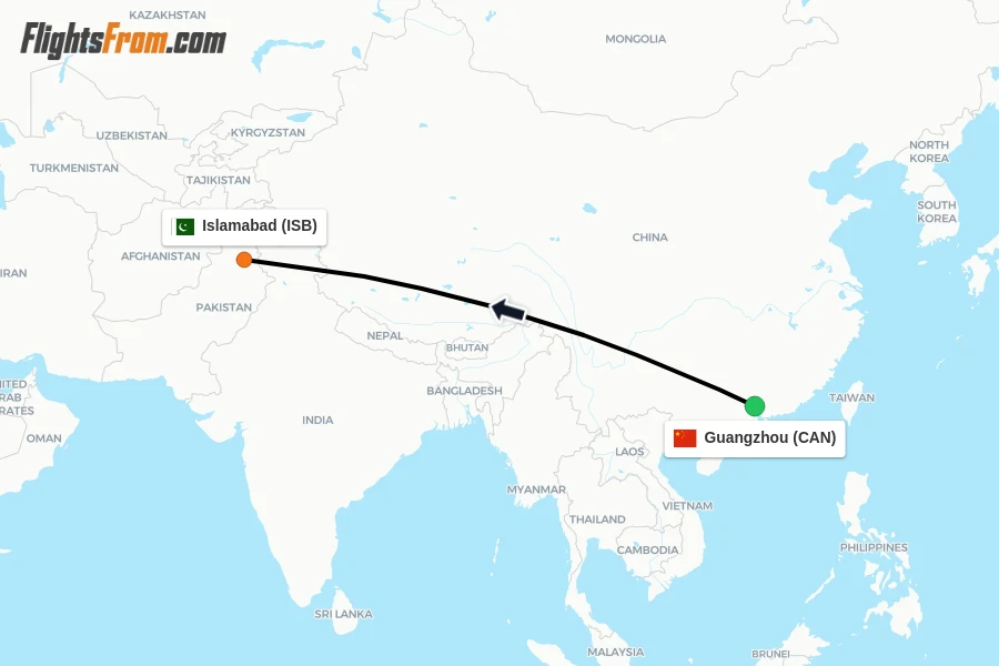 Flights from Guangzhou to Islamabad route map