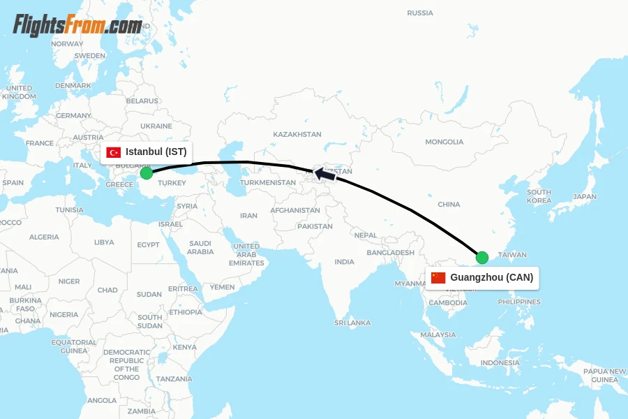 Flights from Guangzhou to Istanbul route map