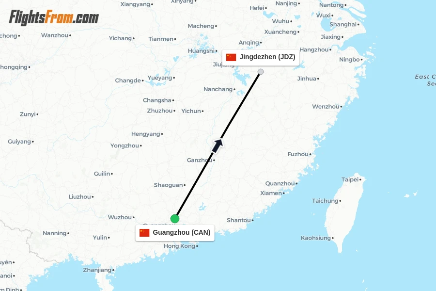Flights from Guangzhou to Jingdezhen route map